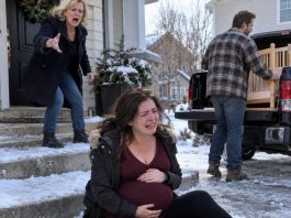 I was days from giving birth when my husband started dismantling our baby’s custom-built crib. He carried it to his truck and said, “My sister needs it more. She’s having twins.” I followed him onto the porch, pleading through tears. His mother pushed me aside and snapped, “Don’t be selfish.” My foot slid off the icy top step. I hit the concrete hard and screamed as they drove away. A sharp pain tore through my stomach—and the snow under me turned red.