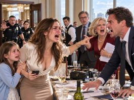 I went to a “special family dinner” after my MIL invited me. As our waiter poured the wine, my daughter leaned in and whispered, “Mom… we should leave. Something’s very, very wrong.” Then I saw the person standing behind my husband. My heart nearly stopped. 10 minutes later, I called the police.