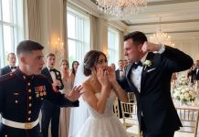 His punch sent me to the floor in front of everyone we had invited to our wedding. “Get up and smile,” my fiancé whispered while I struggled with my fallen veil. Then my brother stepped forward, calm in his Marine dress uniform, and raised his phone. “She doesn’t owe you a smile,” he said. “But you owe everyone here the truth.” My fiancé went pale. I looked at the phone and realized the moment I feared most might finally expose him…