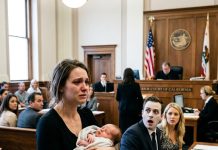 I walked into divorce court holding our 6-week-old baby, and everyone turned to look at me. My husband was already there with his new girlfriend. He smirked and said, You really thought I’d let you keep the baby? I was crying, but I stayed calm. Then my lawyer said one sentence—and his face went pale.