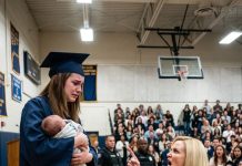 The entire crowd laughed when I stepped onto the graduation stage with a newborn in my arms. A voice hissed, “Just like her mother…” But what the principal announced into the microphone stunned everyone into silence.