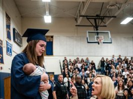 The entire crowd laughed when I stepped onto the graduation stage with a newborn in my arms. A voice hissed, “Just like her mother…” But what the principal announced into the microphone stunned everyone into silence.