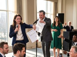 My husband kissed his pregnant secretary before a room full of people, pretending I wasn’t there. Guests fell silent. I didn’t confront him or shed a tear. I stepped onto the stage, grabbed the microphone, and asked everyone to stay where they were…