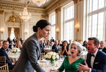 At a lavish party, my mother-in-law seated me by the kitchen, sneering: “This table is only for respectable people,” while my husband told me to stay quiet. So I stood up and took the mic: “Shut down this party and get out of my hotel.”