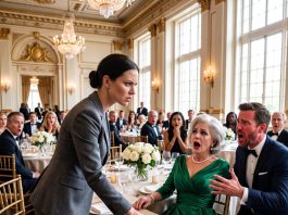 At a lavish party, my mother-in-law seated me by the kitchen, sneering: “This table is only for respectable people,” while my husband told me to stay quiet. So I stood up and took the mic: “Shut down this party and get out of my hotel.”