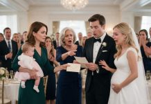 My husband dumped divorce papers on my hospital bed because I gave birth to a girl. Months later, I walked into his wedding with our daughter and one sealed envelope that made him go white.