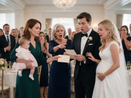 My husband dumped divorce papers on my hospital bed because I gave birth to a girl. Months later, I walked into his wedding with our daughter and one sealed envelope that made him go white.