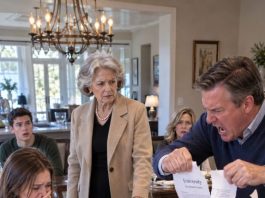 My dad tore up my college acceptance letter at dinner and said, “No daughter of mine wastes money on school.” My grandma set down her fork and said nothing. Then she stood up, buttoned her coat, looked at him, and said, “Go pack. She starts in the fall.” Dad laughed… a lot—until Grandma slid one thing across the table…