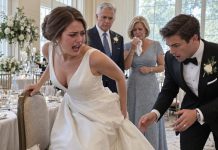 My own son stood guard, laughing, while his bride poured super glue onto the chair meant for my wife—as if humiliating his mother were harmless fun. I caught them, but I didn’t confront them. Before the ceremony, I quietly switched the chairs. Hours later, the MC announced, “Bride and groom, please stand.” One sharp tearing sound brought the entire ballroom to a stunned silence.