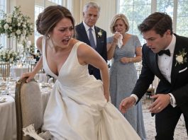 My own son stood guard, laughing, while his bride poured super glue onto the chair meant for my wife—as if humiliating his mother were harmless fun. I caught them, but I didn’t confront them. Before the ceremony, I quietly switched the chairs. Hours later, the MC announced, “Bride and groom, please stand.” One sharp tearing sound brought the entire ballroom to a stunned silence.