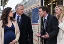 Pregnant and exhausted, I stood in a train aisle while my husband and his sister laughed from first class: “Keep standing—maybe it’s good exercise!” It was year’s end, and he had claimed every flight was sold out, forcing us onto a fifty-hour train ride home. I said nothing. At the first stop, I quietly got off. When their train finally reached home, they stepped onto the platform smiling—until they saw who was waiting beside me.