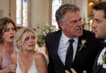 I walked down the aisle on my wedding day with a black eye—and my fiancé smiled when Mom whispered, “Sweetheart, who did this?” Before I could answer, he said, “She tripped. She’s fine.” Dad stared at him for a long moment, then slowly stood. “No… She didn’t.” Seconds later, Dad did something no one expected—and the entire room froze.