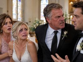 I walked down the aisle on my wedding day with a black eye—and my fiancé smiled when Mom whispered, “Sweetheart, who did this?” Before I could answer, he said, “She tripped. She’s fine.” Dad stared at him for a long moment, then slowly stood. “No… She didn’t.” Seconds later, Dad did something no one expected—and the entire room froze.