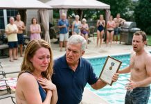 My brother-in-law ripped off my towel at a pool party and mocked my scar as a “bar-stool war wound.” Twenty people laughed—until his father went pale, walked to his truck, and brought back something that silenced the entire patio.