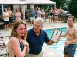 My brother-in-law ripped off my towel at a pool party and mocked my scar as a “bar-stool war wound.” Twenty people laughed—until his father went pale, walked to his truck, and brought back something that silenced the entire patio.
