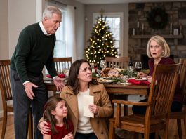 My dad PUSHED my 9-year-old daughter at the Christmas table. “That seat is for my real grandkid. GET OUT!” She hit the floor in front of the whole family. Nobody said a word. I didn’t cry—I said FOUR WORDS. My mom dropped her wine glass, and my dad went pale…