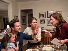At family dinner, my sister-in-law stood up, pointed at me, and called me a cheater. Then she told my 7-year-old daughter, “You’re NOT REALLY OURS. Robert isn’t your dad.” My husband didn’t panic. He did THIS—and five minutes later, they regretted everything…