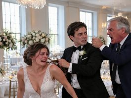 My husband grabbed my hair at our luxurious reception. Then came three slaps—and his shout: “Without me, you’re nobody!” The entire ballroom went silent. A man rose from the head table, pressed a gun to his temple, and growled, “How dare you touch my daughter?” My husband’s face drained of color. He didn’t know who my father really was. And he had no idea what we were about to take from him next…