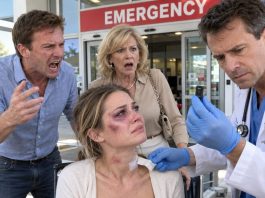 My husband left me bruised and unconscious outside the emergency room, then made his accusation to the police: “She attacked me first.” Beside him, his mother smiled and claimed the bruises around my neck were “proof that I’m mentally ill.” They were certain I was too scared to speak. Then the doctor pulled out a small recording device hidden under the tape—and their carefully prepared lies began to crumble.