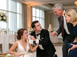 My father shattered my nose at my wedding reception—all because I refused to ask my wealthy fiancé for a $30,000 down payment on his new Cadillac Escalade SUV. He seized my hair and slammed my face into the floor. I looked up to find both my parents smiling. Then I whispered four words to my fiancé. Twenty minutes later, the smile disappeared from my father’s face because…