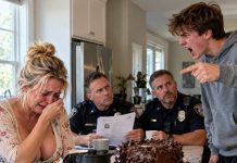 My son slapped me for interrupting his video game—and I simply lowered my head and walked into the kitchen. For three hours, I baked his favorite triple-chocolate cake and brewed a fresh pot of artisan coffee. When he finally emerged from his room, he stretched and sneered, “See? A little physical discipline makes you a better mother.” Then he saw who was sitting at the kitchen island. Two uniformed police officers were quietly sipping their coffee, my freshly printed medical report in their hands. His smirk vanished.