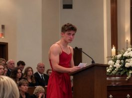 “My son’s best friend arrived at his funeral wearing a bright red dress. My husband was already standing up to ask him to leave, and I was desperately trying to stop him. But when the young man finally stepped behind the microphone, he revealed a conversation he’d had with our son that neither of us knew about. What he said next left the entire chapel in tears.