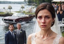 On my wedding day, my brother drove my vintage classic Mustang into a lake, tossed me the dripping keys, and laughed, “Go park it now, sis.” Dad roared with laughter. I just stared at him and asked, “Did you check the trunk first?” His smile vanished instantly.