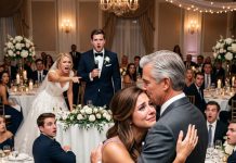 “Everyone, meet my loser sister who still lives with roommates!” my brother announced into the wedding microphone, making two hundred guests laugh at my expense. My cheeks burned in shame—until his billionaire CEO boss walked up, hugged me tightly, and uttered a sentence that instantly froze the room.