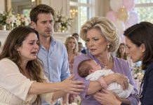 My mother-in-law took my newborn out of my arms at her own baby shower. “You’re holding her wrong,” she announced to forty guests. I was seven days postpartum and still bleeding. My husband, Ryan, said, “Mom’s just helping.” Then the baby’s pediatrician, who happened to be a guest, stepped forward. “Mrs. Caldwell, please give her back. Right now.” Her voice wasn’t polite. She had seen something on my daughter’s skin.