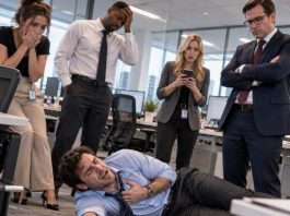 I collapsed onto the cold corporate floor as my heart gave out, but instead of calling 911, my coworkers simply stood around watching me struggle for my final breath. As my consciousness began to fade, a familiar, mocking voice suddenly echoed inside my head: “I can broadcast my thoughts directly into everyone’s mind”—and what happened next would turn my entire world upside down.