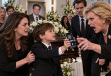 My mother-in-law humiliated me at my husband’s funeral, saying he was better off dead than living with the embarrassment I’d caused him. Several relatives agreed. But my eight-year-old son suddenly stood up with his dad’s phone and asked, “Grandma, should I tell everyone what Dad said you did?” The moment she heard those words, her expression changed from cruel satisfaction to pure terror.