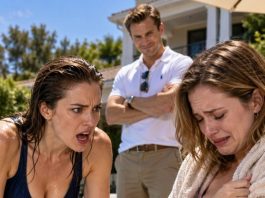 My pregnant sister sat beside the pool wrapped in a thick towel despite the blazing heat. She insisted she was cold, but when the wind lifted the fabric, I saw purple fingerprints covering her thigh. Her husband’s reaction was even more disturbing than the bruises.