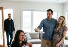 “Sign the divorce papers and take that child with you!” my husband demanded, wrapping his arm around his pregnant secretary’s belly. “You useless woman! I’m finally having a son!” he sneered. I held my newborn tightly, devastated by his cruelty. Then the door suddenly swung open. A man walked in, and the moment his secretary saw him, her face went pale as she stumbled backward in panic…