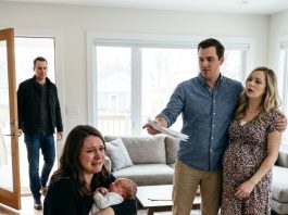 “Sign the divorce papers and take that child with you!” my husband demanded, wrapping his arm around his pregnant secretary’s belly. “You useless woman! I’m finally having a son!” he sneered. I held my newborn tightly, devastated by his cruelty. Then the door suddenly swung open. A man walked in, and the moment his secretary saw him, her face went pale as she stumbled backward in panic…