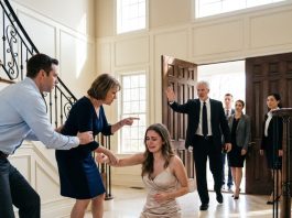 The moment my husband shoved me down the stairs, my mother-in-law called Dad, eager to humiliate me. “Come take this worthless daughter away.” Dad replied, “If she has a single injury, your family will answer.” They laughed, until his real identity surfaced that fateful day.