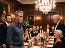 Fourteen wealthy guests laughed as my son’s mother-in-law mocked me for being a broke truck driver. Then a billionaire guest stood up and revealed a thirty-year-old secret that made the entire room fall dead silent.