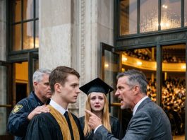 My father gave my only graduation ticket to his stepdaughter, then blocked the auditorium doors to keep me out in the rain. He had no idea I was the one giving the commencement speech.