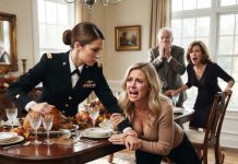 Hoping Thanksgiving might finally feel like a warm family reunion, I walked through the front door in my Navy dress uniform, but Mom merely glanced at my medals and sneered, “You could never measure up to your sister.” I set down my fork firmly on the plate. “Then your golden child can start covering the house payment.” Dad went pale instantly, gripping the edge of the table. “What payment?” My sister’s self-satisfied smile cracked into pieces as I slid the confidential bank file across the table—and waited for the first confession to drop.