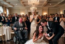 She yanked my chair out in front of 200 wedding guests—but my silent, wheelchair-bound dad began pounding “no” on his armrest. The groom turned pale and whispered: “Do you want me to tell everyone the truth?”