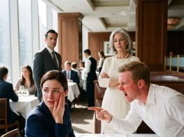 At my promotion party, my mother-in-law told me to quit my job and stay home to clean. When I refused, my husband slapped me and yelled, “Apologize to my mom or leave!” Just then, a sharp-dressed man stood up and said, “Apologize to my CEO, or your $50 million deal is gone.” My husband froze in shock…
