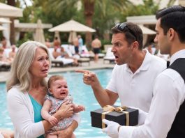 A rude stranger demanded I leave the hotel pool because my 7-month-old granddaughter wouldn’t stop crying. Moments later, a waiter brought him a gift box that wiped the smug look right off his face.