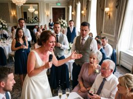 On my wedding day, I found the main table replaced—9 seats taken by my husband’s family while my parents were left standing. His mom sneered, “They look poor,” he agreed… so I made an announcement that ruined him instantly!