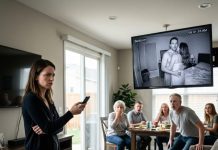 At a family gathering, I was sitting at dinner when my husband secretly slipped into the guest bedroom with his first love. I pretended not to notice. Three minutes later, I calmly connected the bedroom camera feed to the living room TV. My husband was still inside with her. The moment his entire family saw what was happening on the screen, every face turned pale…