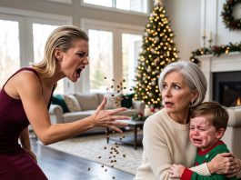 At the Christmas party, my son’s wife threw dog food at our 3-year-old grandson with vitiligo. “You’re dirtier than a dog, get out!” The child hid behind me… Then, my husband’s words left them frozen in place.