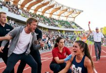 I was about to WIN when my boyfriend ran onto the track and TRIPPED me! “You’ve won enough. Let her have this one.” I laughed. He had no idea what he’d just ruined!